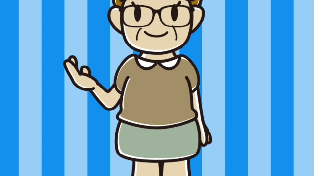 案内する眼鏡のおばさんのイラスト【色、背景あり】PNG