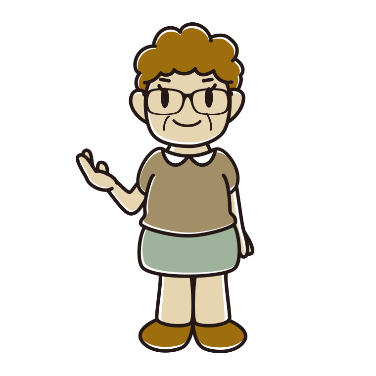 案内する眼鏡のおばさんのイラスト【色あり、背景なし】透過PNG