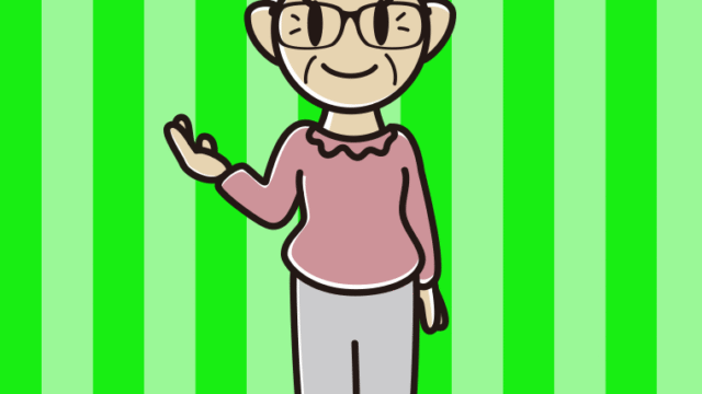 案内する眼鏡のおばあさんのイラスト【色、背景あり】PNG