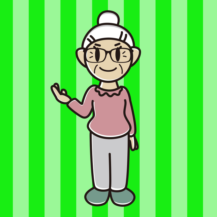 案内する眼鏡のおばあさんのイラスト【色、背景あり】PNG
