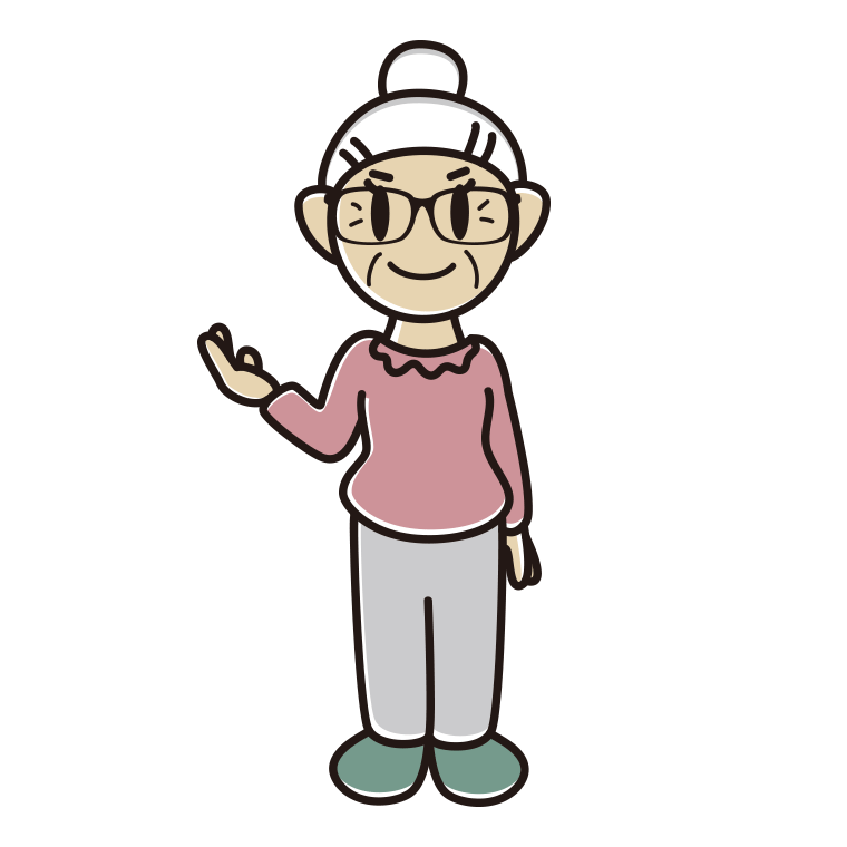 案内する眼鏡のおばあさんのイラスト【色あり、背景なし】透過PNG