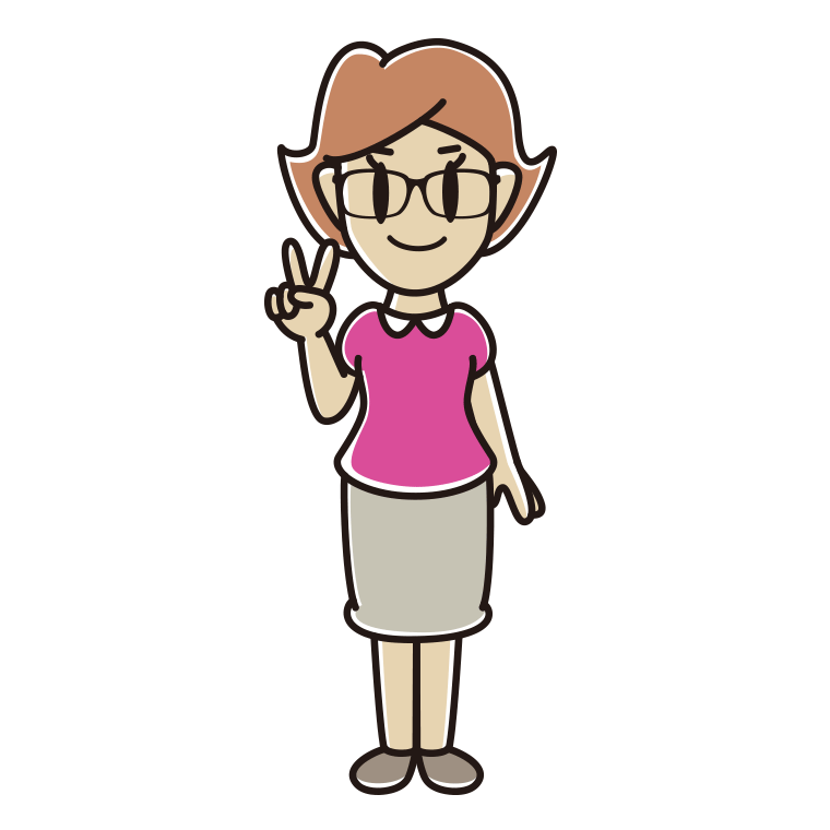 ピースをする眼鏡の女性のイラスト【色あり、背景なし】透過PNG