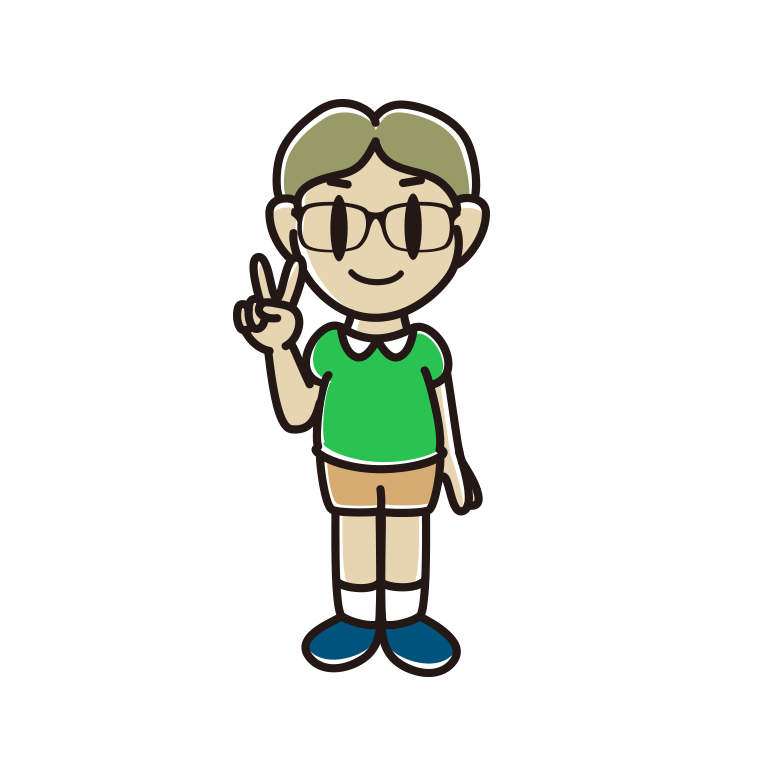 ピースをする眼鏡の小学生男子のイラスト【色あり、背景なし】透過PNG