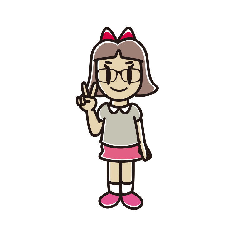 ピースをする眼鏡の小学生女子のイラスト【色あり、背景なし】透過PNG
