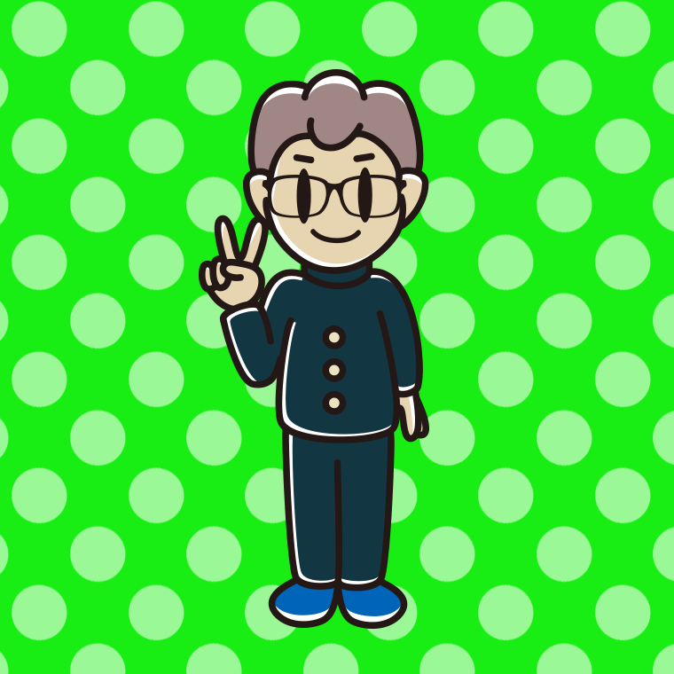 ピースをする眼鏡の男子中学生のイラスト【色、背景あり】PNG