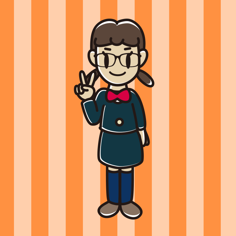 ピースをする眼鏡の女子中学生のイラスト【色、背景あり】PNG