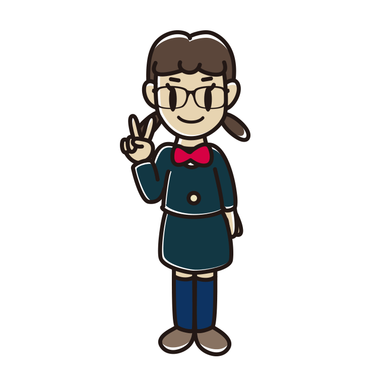 ピースをする眼鏡の女子中学生のイラスト【色あり、背景なし】透過PNG
