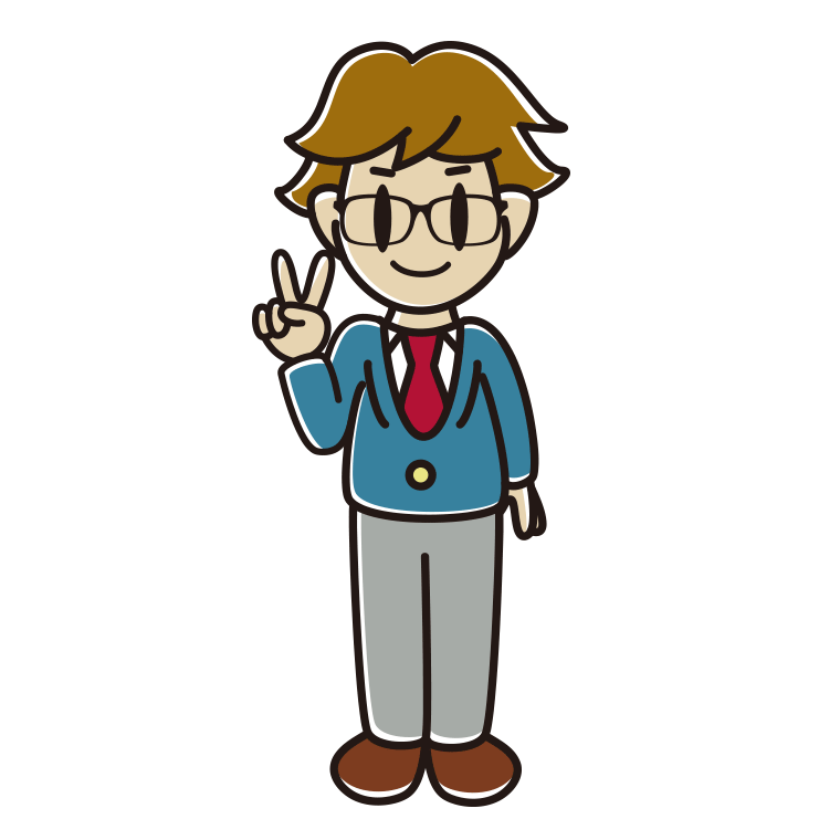 ピースをする眼鏡の男子高校生のイラスト【色あり、背景なし】透過PNG