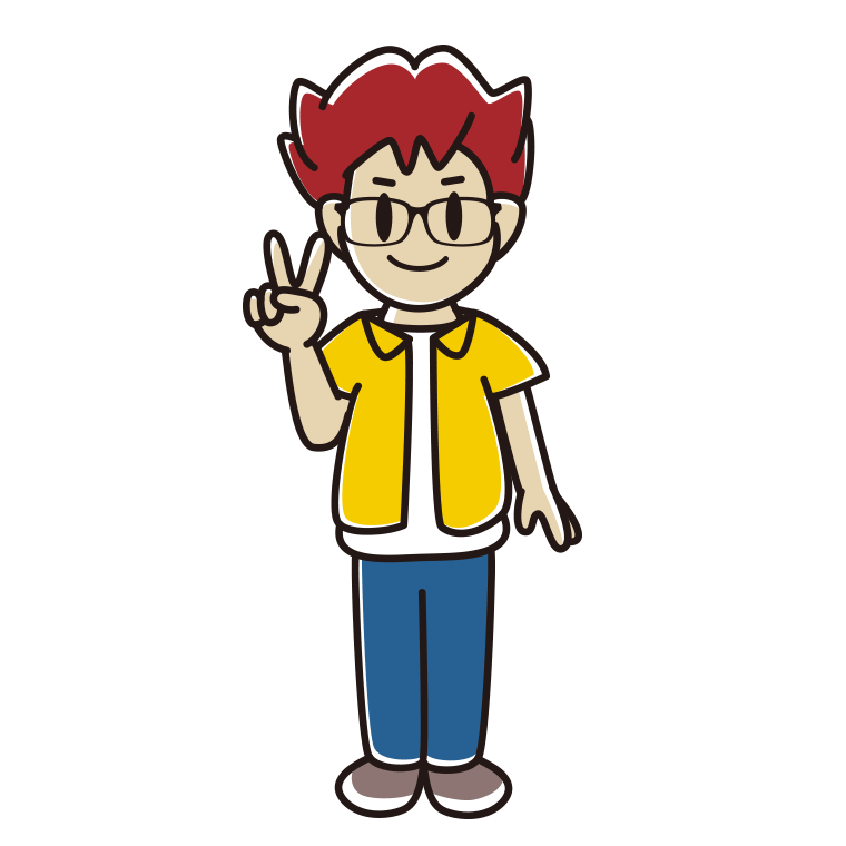 ピースをする眼鏡の男子大学生のイラスト【色あり、背景なし】透過PNG