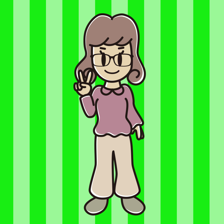 ピースをする眼鏡の女子大学生のイラスト【色、背景あり】PNG