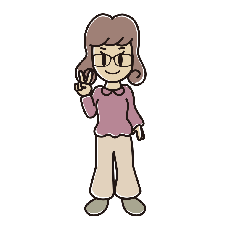ピースをする眼鏡の女子大学生のイラスト【色あり、背景なし】透過PNG