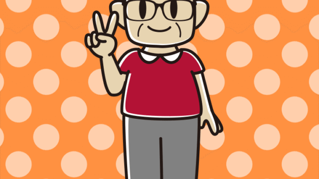 ピースをする眼鏡のおじさんのイラスト【色、背景あり】PNG