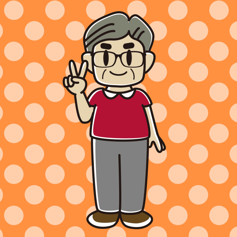 ピースをする眼鏡のおじさんのイラスト【色、背景あり】PNG