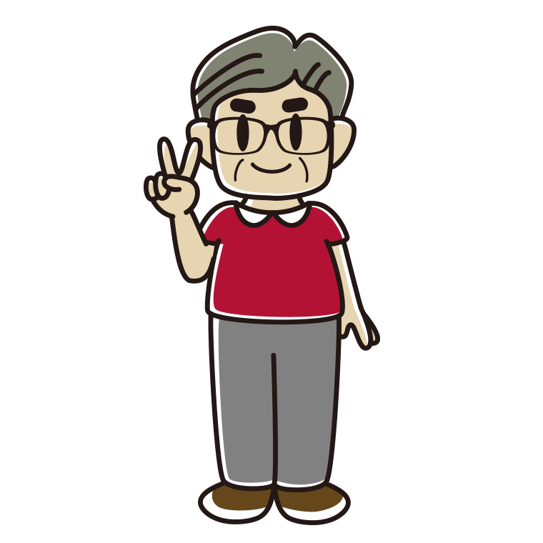 ピースをする眼鏡のおじさんのイラスト【色あり、背景なし】透過PNG