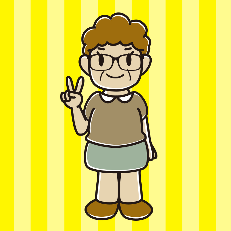 ピースをする眼鏡のおばさんのイラスト【色、背景あり】PNG