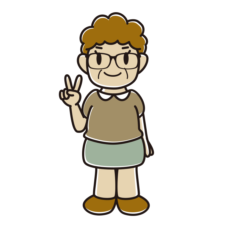 ピースをする眼鏡のおばさんのイラスト【色あり、背景なし】透過PNG