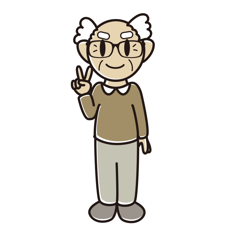 ピースをする眼鏡のおじいさんのイラスト【色あり、背景なし】透過PNG