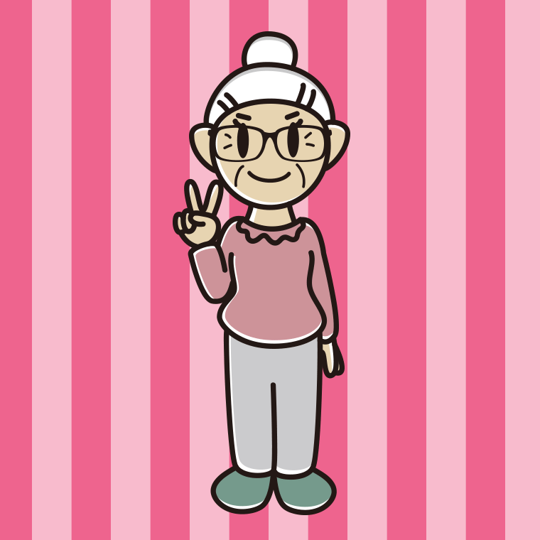 ピースをする眼鏡のおばあさんのイラスト【色、背景あり】PNG