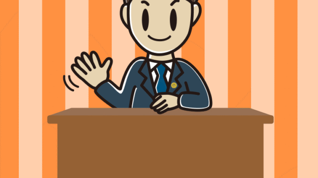 手を振る男性弁護士のイラスト【色あり、背景なし】透過PNG