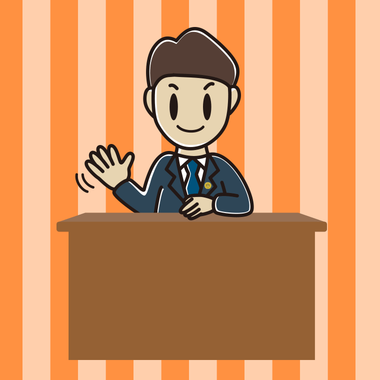 手を振る男性弁護士のイラスト【色、背景あり】PNG
