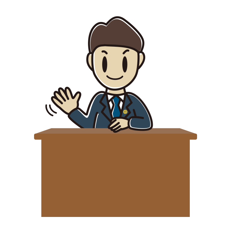 手を振る男性弁護士のイラスト【色あり、背景なし】透過PNG