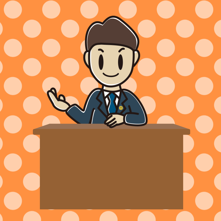 案内する男性弁護士のイラスト【色、背景あり】PNG