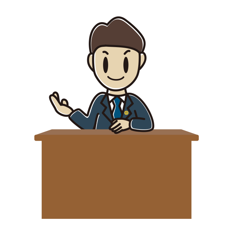 案内する男性弁護士のイラスト【色あり、背景なし】透過PNG