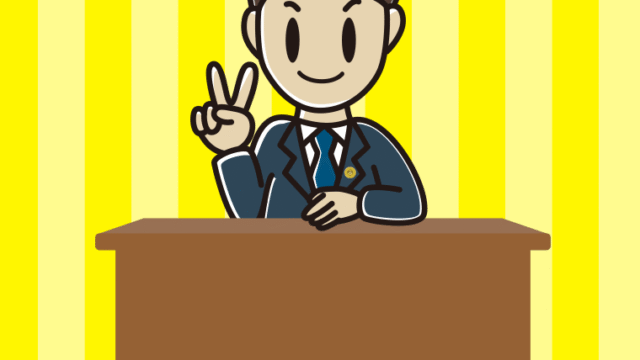 ピースをする男性弁護士のイラスト【色、背景あり】PNG