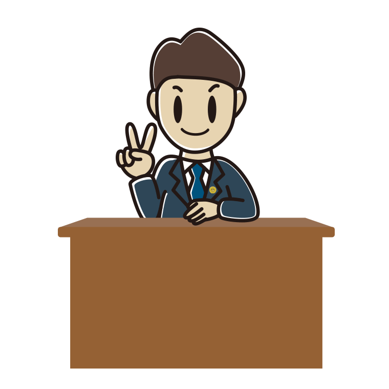 ピースをする男性弁護士のイラスト【色あり、背景なし】透過PNG