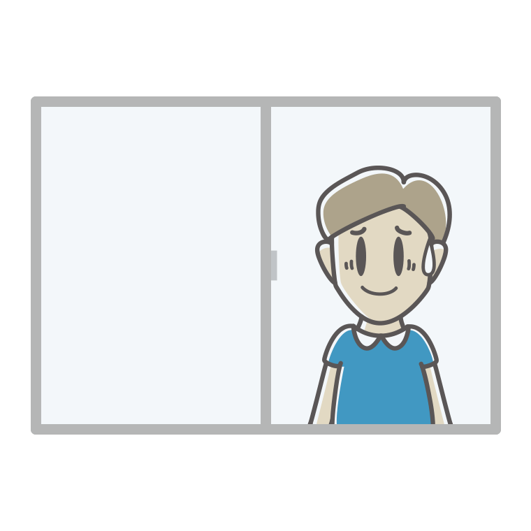 窓で苦笑いする男性のイラスト【色あり、背景なし】透過PNG