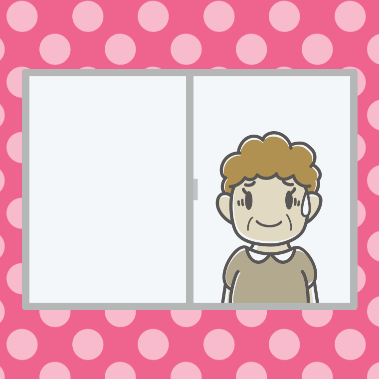 窓で苦笑いするおばさんのイラスト【色、背景あり】PNG