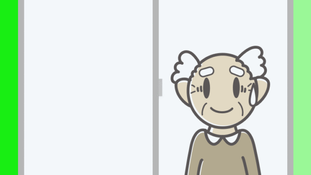 窓で苦笑いするおじいさんのイラスト【色、背景あり】PNG