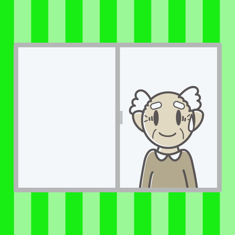 窓で苦笑いするおじいさんのイラスト【色、背景あり】PNG