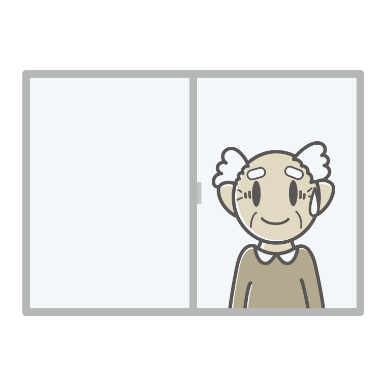 窓で苦笑いするおじいさんのイラスト【色あり、背景なし】透過PNG