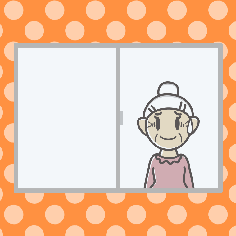 窓で苦笑いするおばあさんのイラスト【色、背景あり】PNG