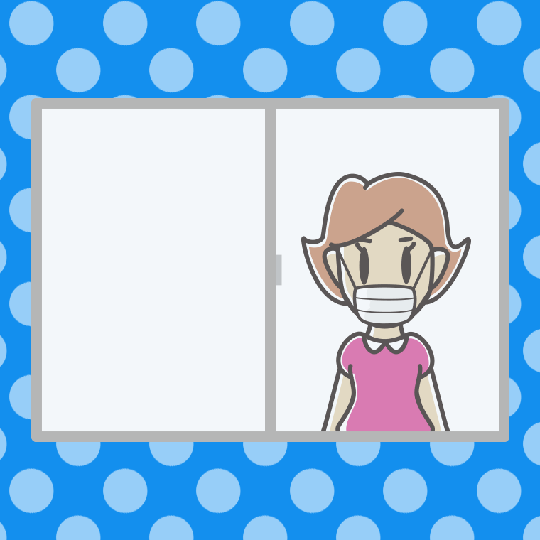 窓にいるマスクの女性のイラスト【色、背景あり】PNG