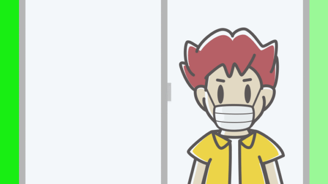 窓にいるマスクの男子大学生のイラスト【色、背景あり】PNG