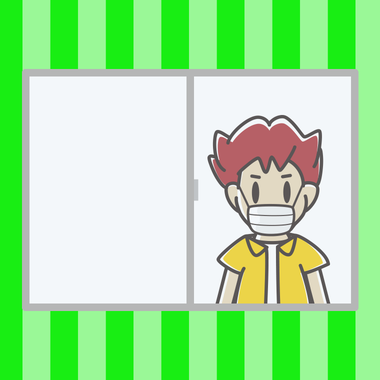 窓にいるマスクの男子大学生のイラスト【色、背景あり】PNG