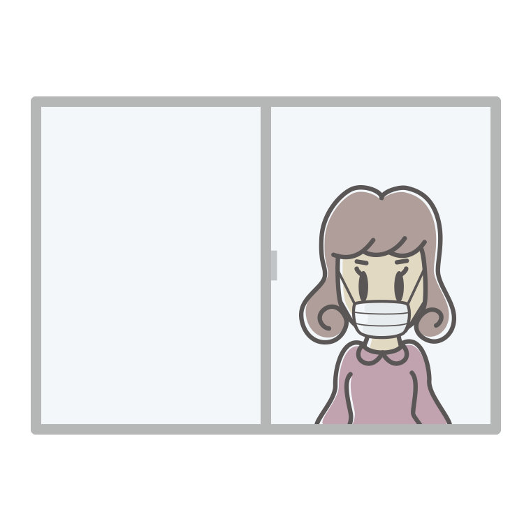 窓にいるマスクの女子大学生のイラスト【色あり、背景なし】透過PNG