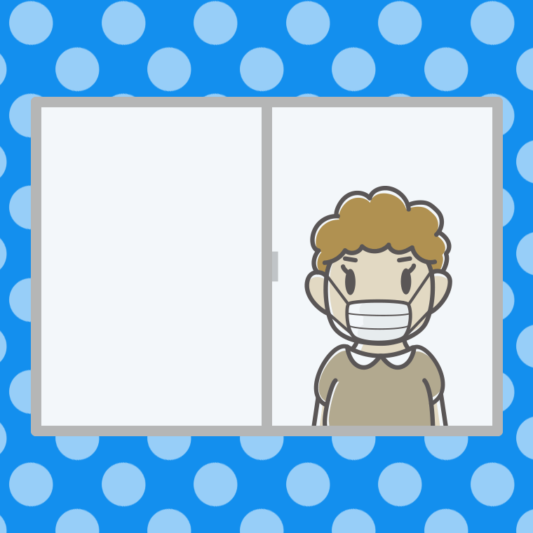 窓にいるマスクのおばさんのイラスト【色、背景あり】PNG