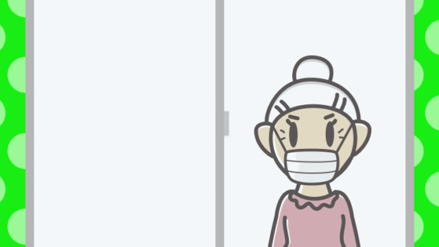 窓にいるマスクのおばあさんのイラスト【色、背景あり】PNG