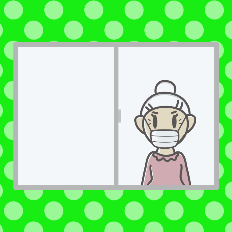 窓にいるマスクのおばあさんのイラスト【色、背景あり】PNG