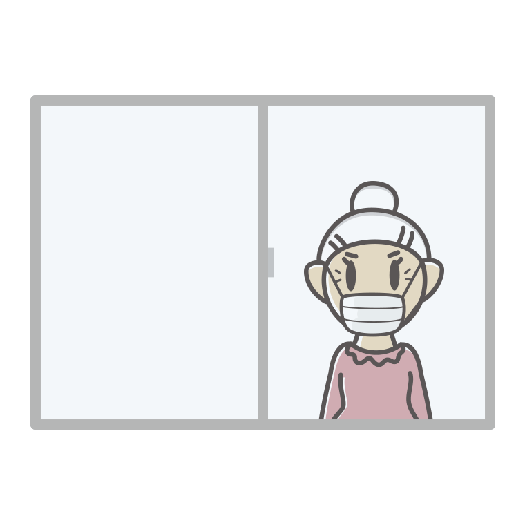 窓にいるマスクのおばあさんのイラスト【色あり、背景なし】透過PNG