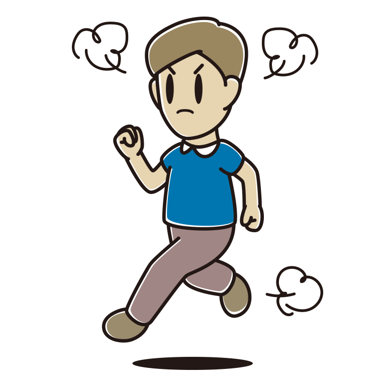 怒りながら走る男性のイラスト【色あり、背景なし】透過PNG