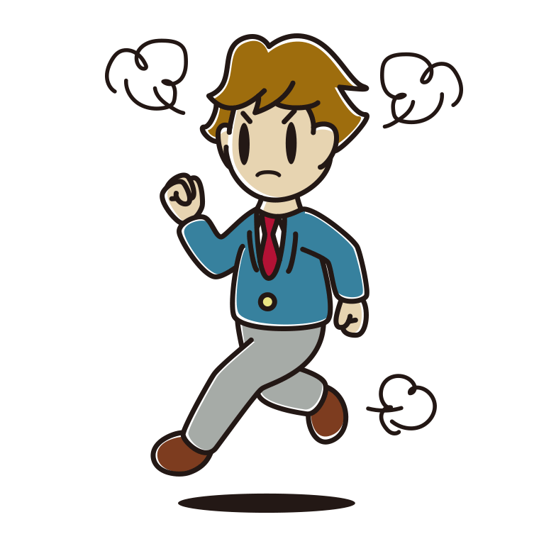 怒りながら走る男子高校生のイラスト【色あり、背景なし】透過PNG