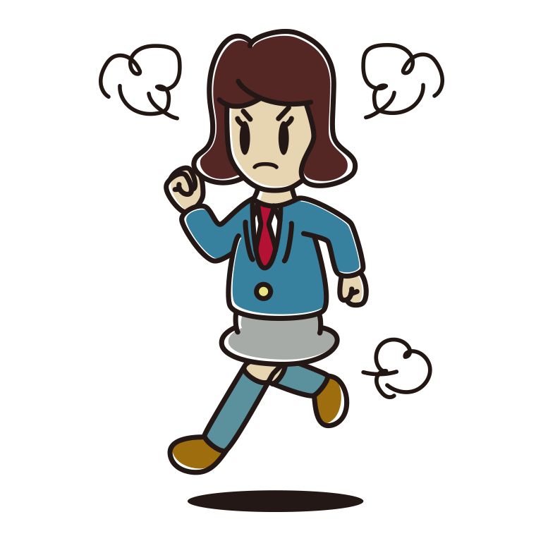 怒りながら走る女子高校生のイラスト【色あり、背景なし】透過PNG