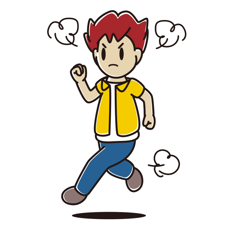 怒りながら走る男子大学生のイラスト【色あり、背景なし】透過PNG