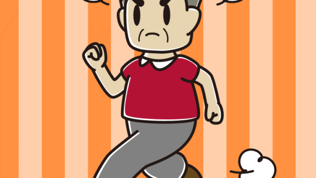 怒りながら走るおじさんのイラスト【色、背景あり】PNG