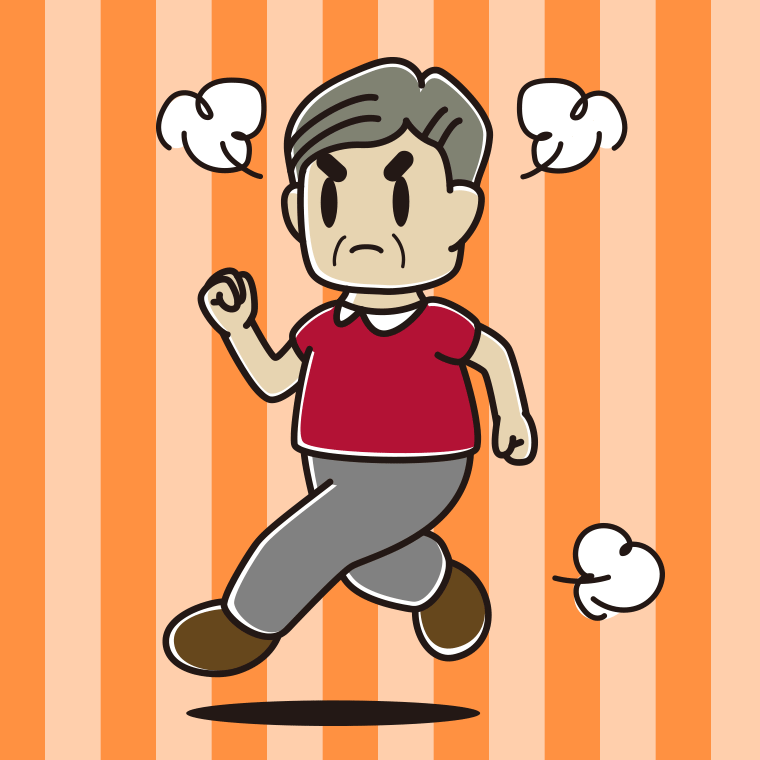 怒りながら走るおじさんのイラスト【色、背景あり】PNG