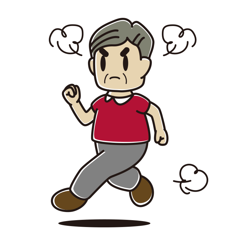 怒りながら走るおじさんのイラスト【色あり、背景なし】透過PNG